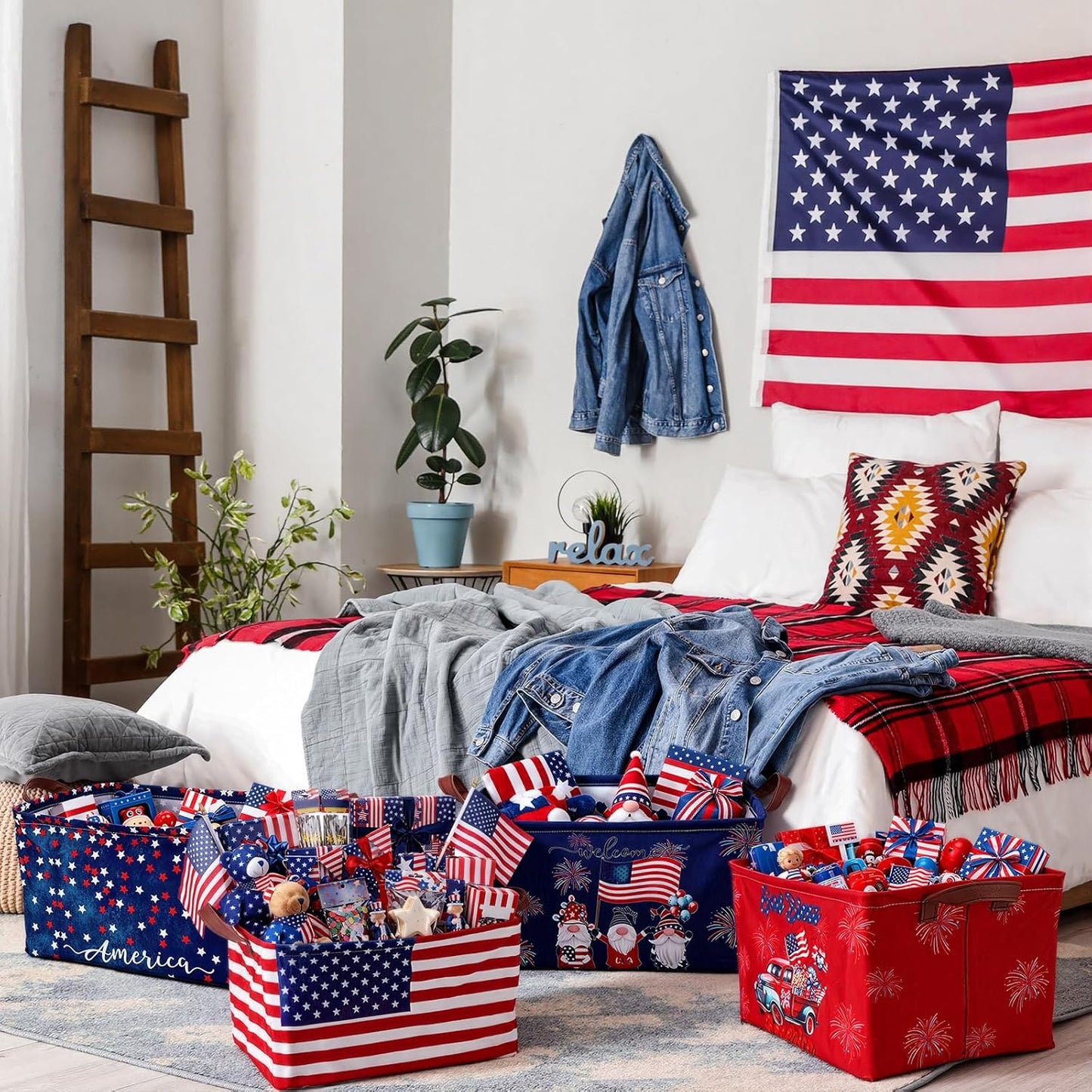 6 pack of collapsible red white and blue patriotic storage baskets with American flag design and handles displayed for 4th of July party and home organization