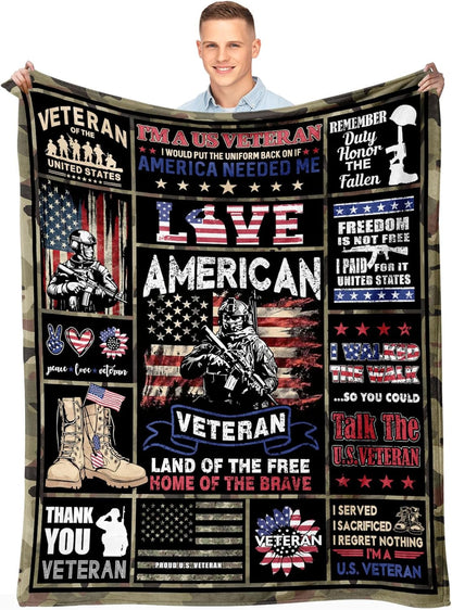 Veteran Father's Day patriotic military fleece throw blanket gift for military dad and grandpa