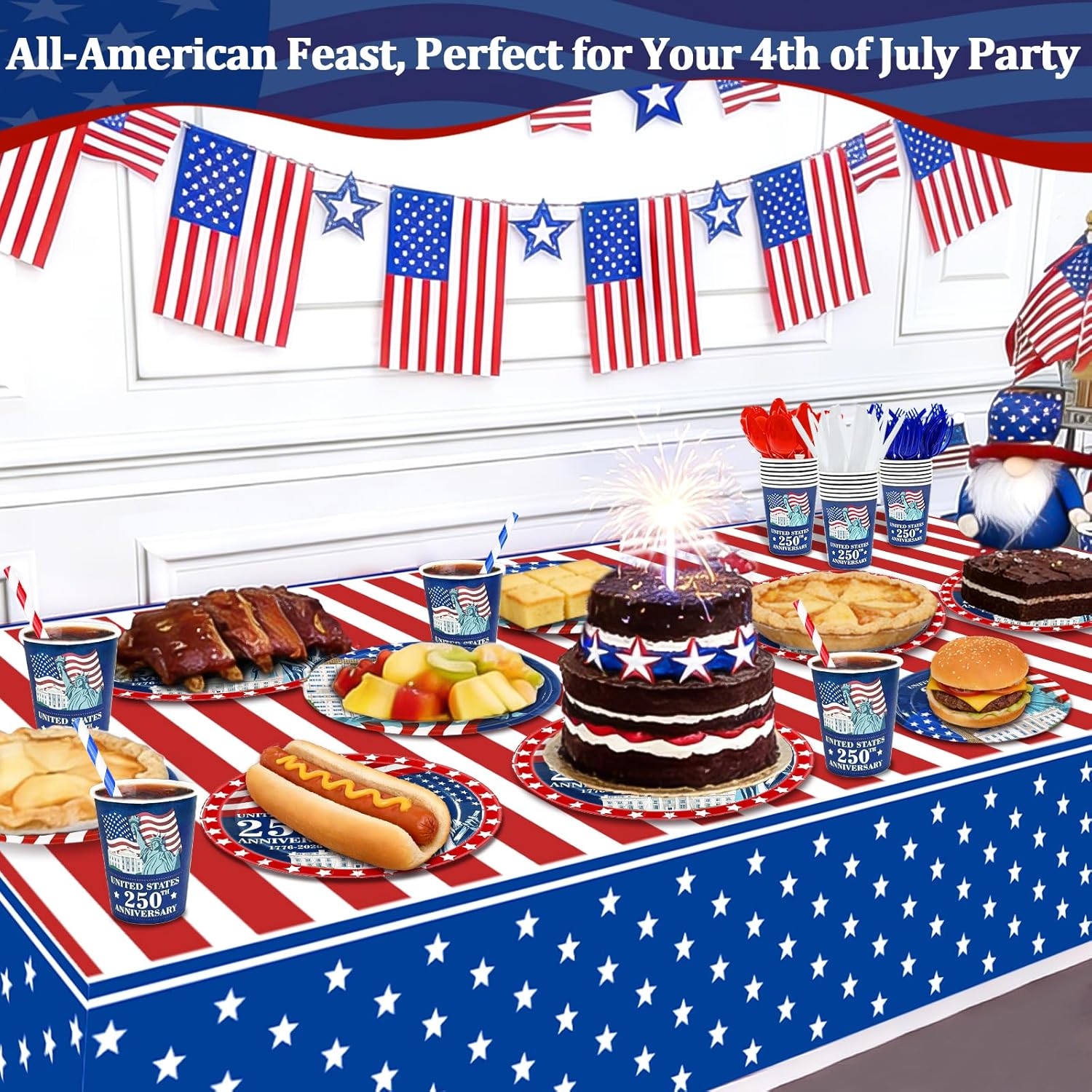256-piece 4th of July patriotic party supplies set in red white and blue including disposable plates cups napkins cutlery forks spoons and straws serving 32 guests