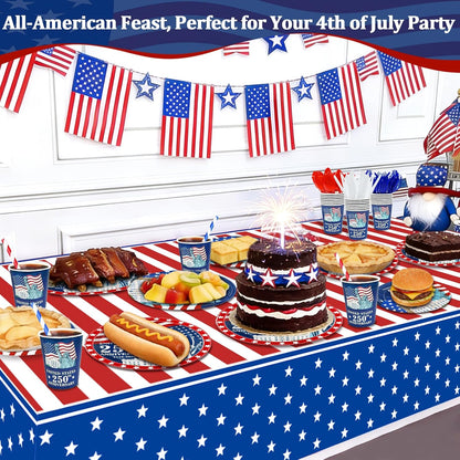 256-piece 4th of July patriotic party supplies set in red white and blue including disposable plates cups napkins cutlery forks spoons and straws serving 32 guests