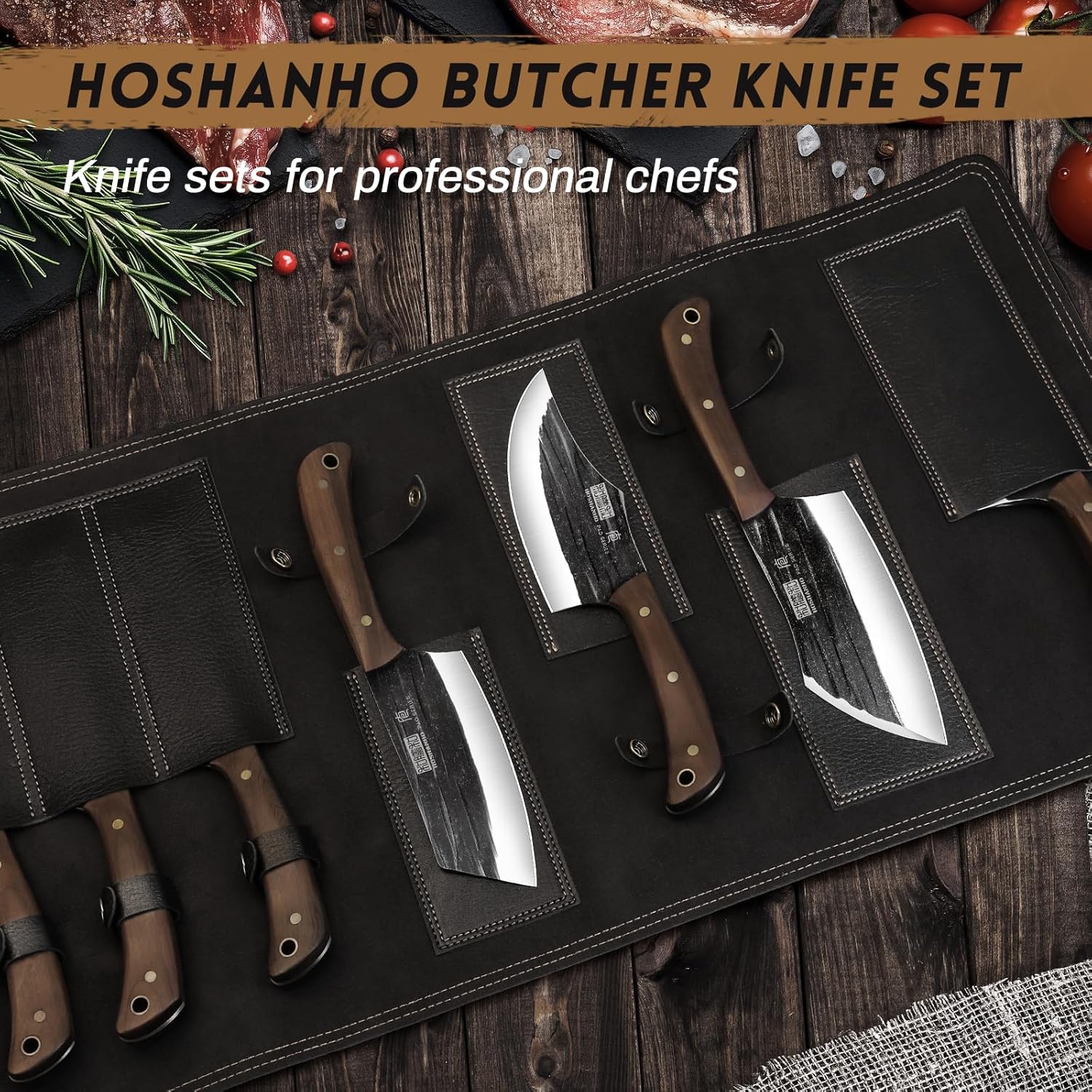 HOSHANHO hand forged butcher knife set with meat cleaver bone chopper and fillet knives in roll bag BBQ and camping gift for men