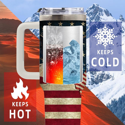 DUUV 40oz eagle American flag insulated tumbler in vintage patriotic design on a rustic outdoor background