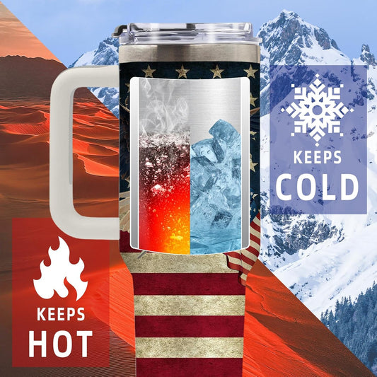 DUUV 40oz eagle American flag insulated tumbler in vintage patriotic design on a rustic outdoor background