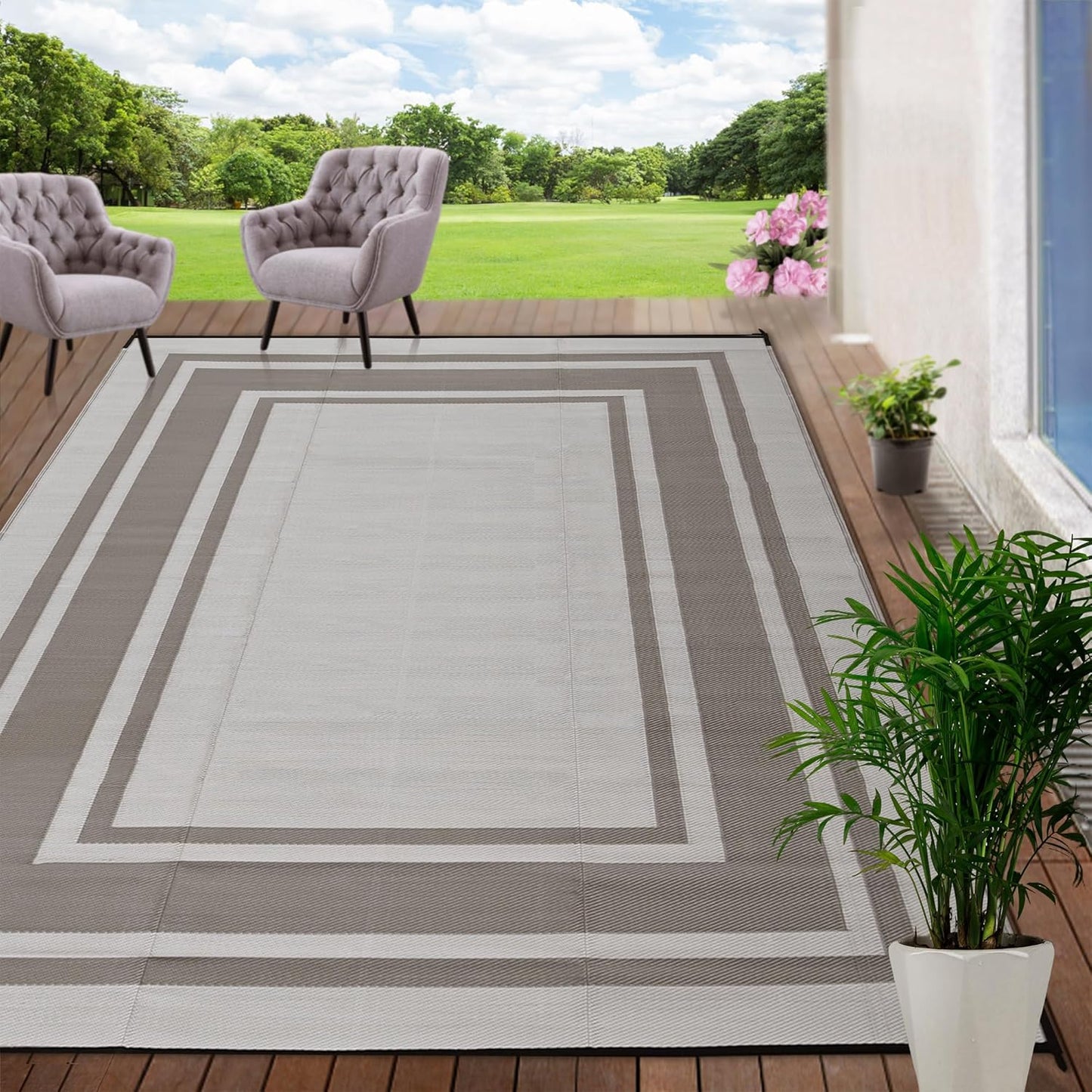 RURALITY 9x12 feet waterproof reversible plastic straw outdoor rug in light coffee for patio, porch, camping, and RV use