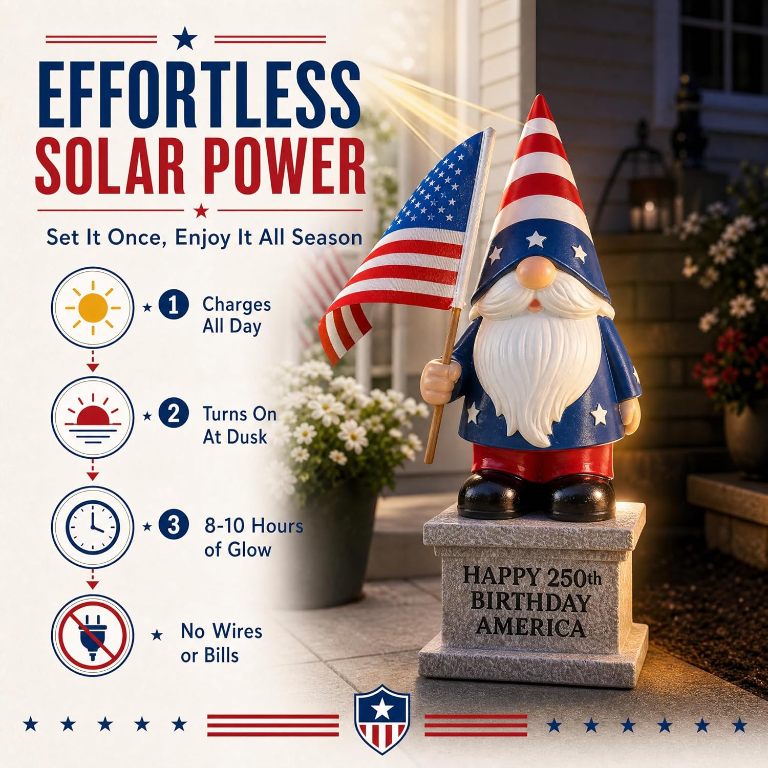 12 inch 4th of July patriotic garden gnome with solar lantern displayed on a lawn as outdoor American flag yard decoration for Independence Day and Memorial Day