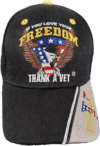 Patriotic black cap with bald eagle and American flag If You Love Your Freedom Thank a Vet