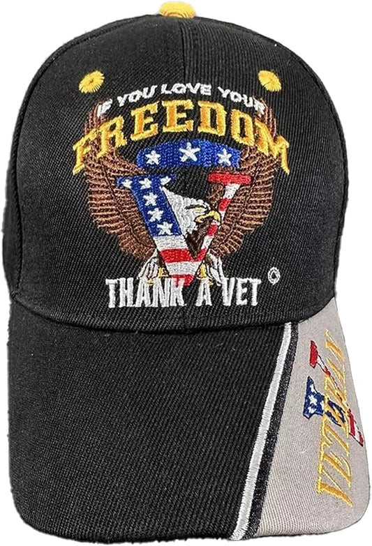 Patriotic black cap with bald eagle and American flag If You Love Your Freedom Thank a Vet