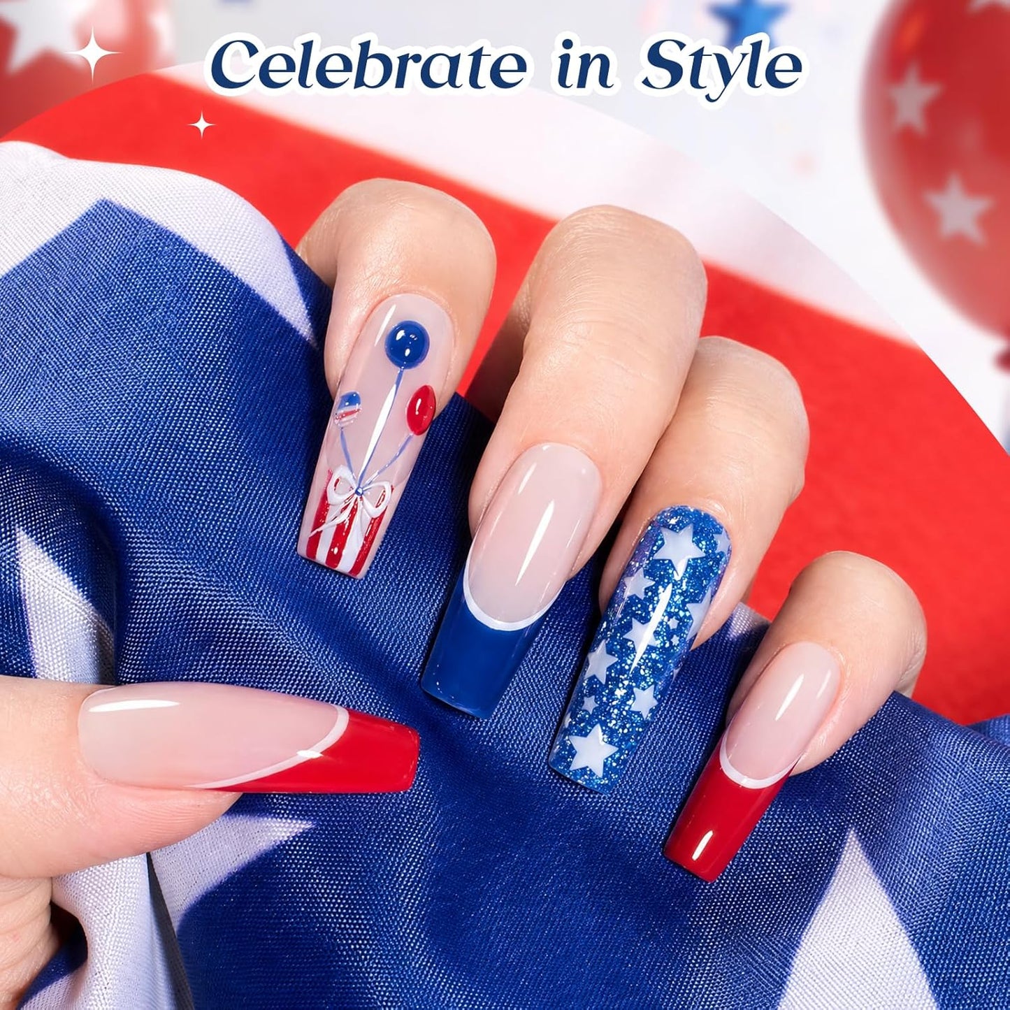 Beetles 4th of July gel nail polish set with 6 red white and blue cat eye and glitter shades displayed with magnet and nail stickers as a patriotic DIY nail art gift for women