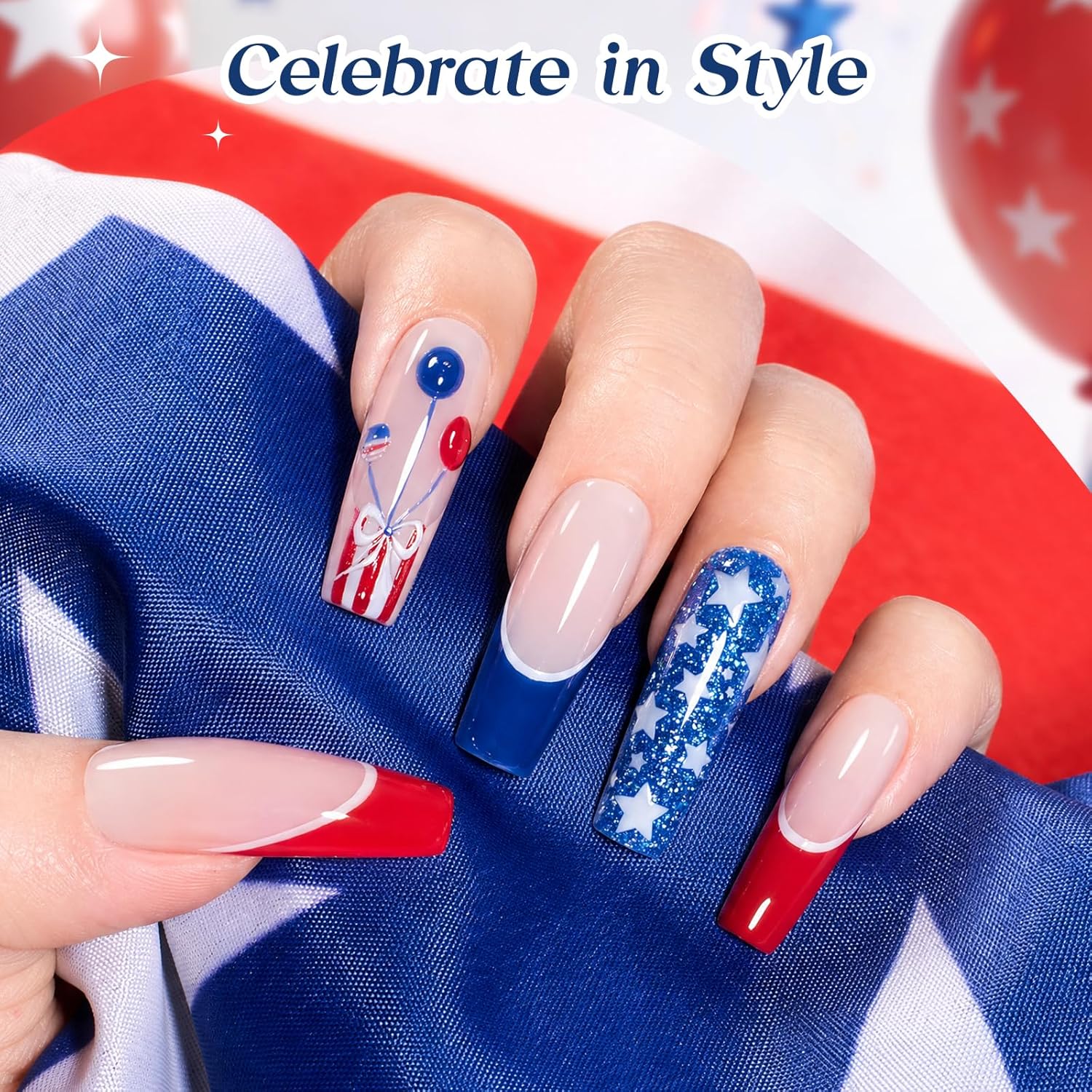 Beetles 4th of July gel nail polish set with 6 red white and blue cat eye and glitter shades displayed with magnet and nail stickers as a patriotic DIY nail art gift for women