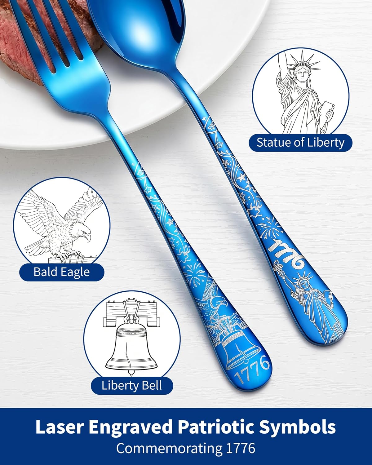 Patriotic Blue Flatware Set 24-Piece | Laser Engraved Bald Eagle & Statue of Liberty Stainless Steel Utensils