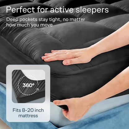 100% Cotton Top Queen Mattress Topper - Cloud-Like Mattress Pad for Back Pain Relief - Breathable & Naturally Cooling for Hot Sleepers, Dark Gray