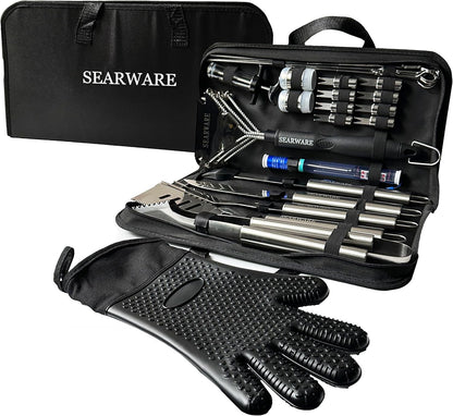 Stainless steel BBQ grill tool set with heat resistant glove, bristle-free grill brush, thermometer, meat injector, and corn skewers