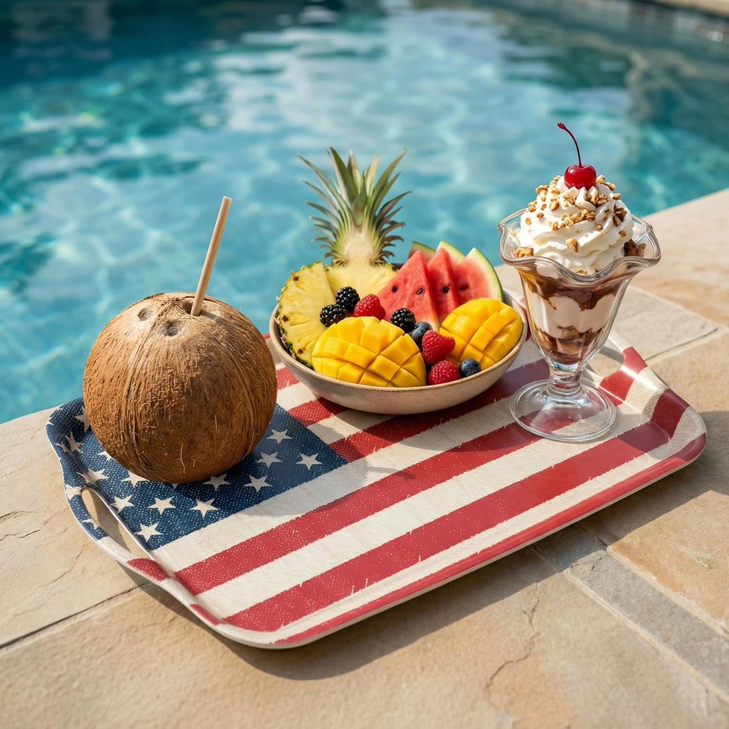 KINGEN 2-pack patriotic bamboo fiber serving trays with Stars and Stripes design in red white and blue