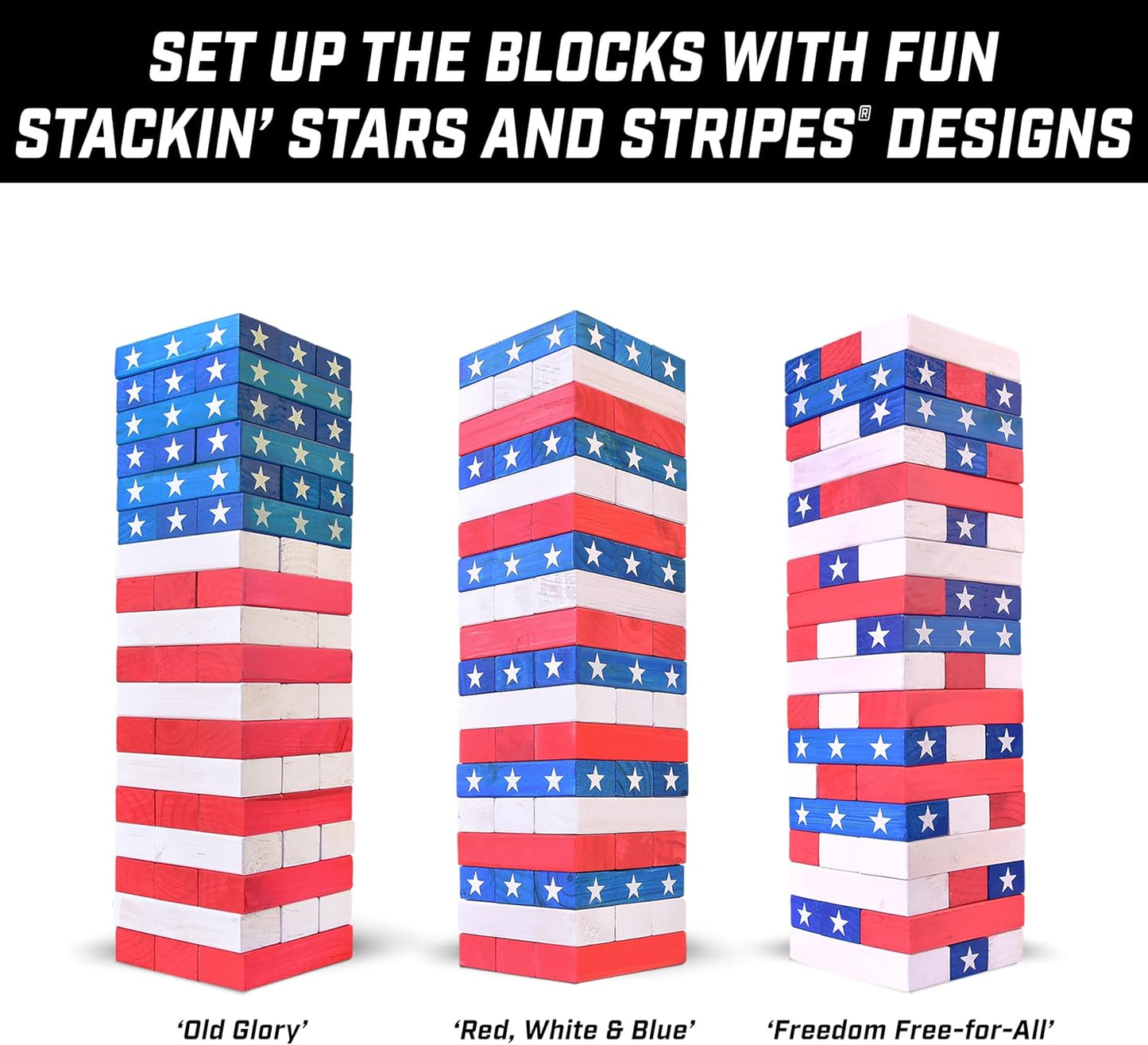 GoSports Giant Wooden Toppling Tower stacking game in Stars and Stripes edition standing over 5 feet tall outdoors at a 4th of July backyard party