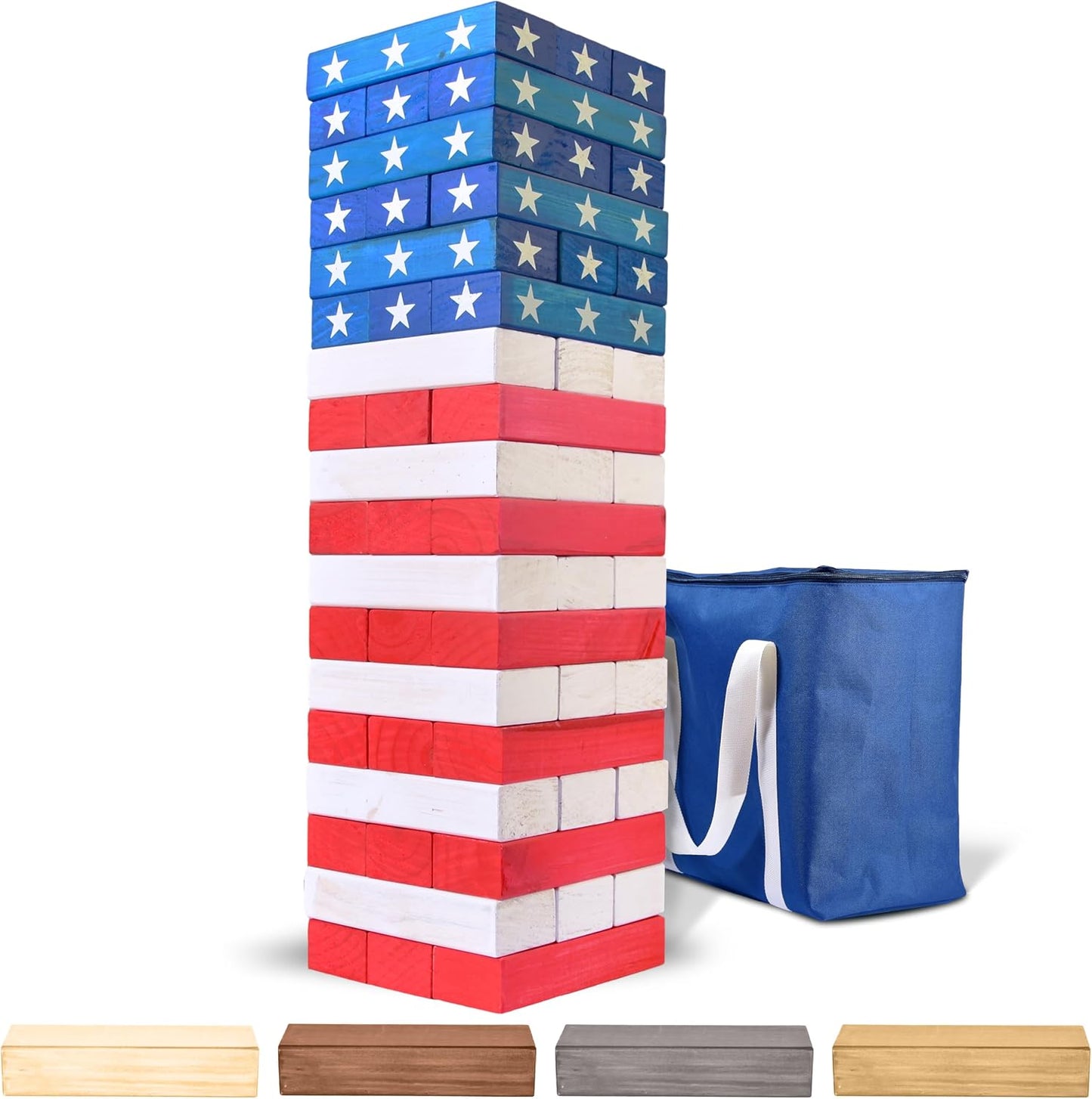 GoSports Giant Wooden Toppling Tower stacking game in Stars and Stripes edition standing over 5 feet tall outdoors at a 4th of July backyard party