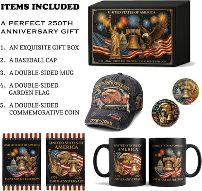 USA 250th Anniversary 4-piece patriotic gift set with hat garden flag mug and commemorative coin