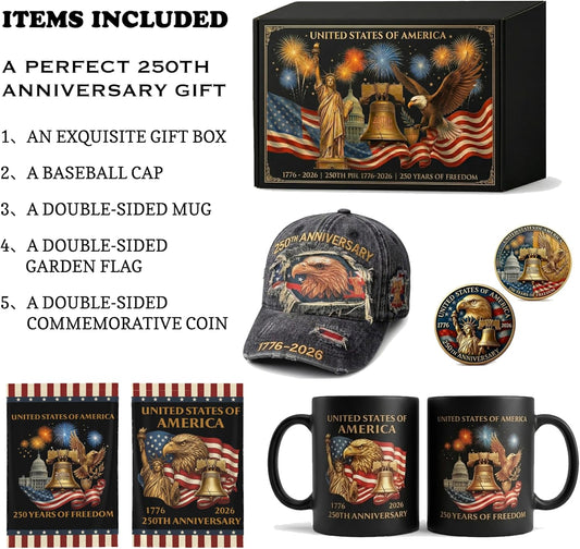 USA 250th Anniversary 4-piece patriotic gift set with hat garden flag mug and commemorative coin