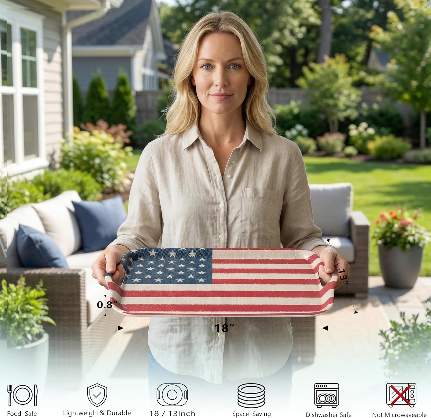 KINGEN 2-pack patriotic bamboo fiber serving trays with Stars and Stripes design in red white and blue