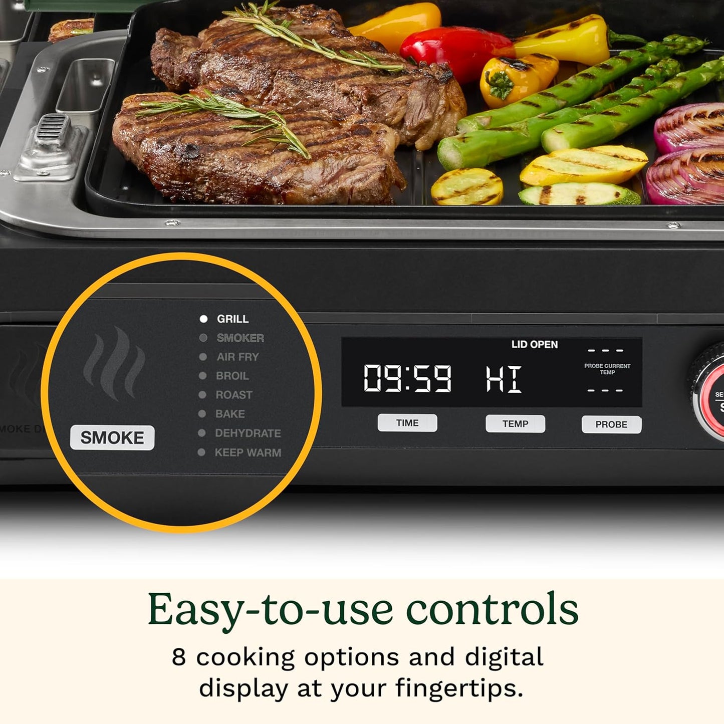 Cuisinart FlavorBoost 8-in-1 electric BBQ grill and portable smoker with air fryer combo, smart probe, and smoke drawer — compact patio and apartment grill CEG-1302