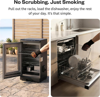 EAST OAK 30-inch electric smoker in mist silver with 725 square inch cooking area, built-in meat probe, and side chip loader for outdoor BBQ smoking