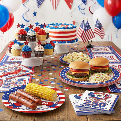 4th of July Decorations — USA 250th Anniversary Disposable Paper Plates & Napkins Set, Serves 25, 1776-2026 Patriotic Party Supplies for Independence Day