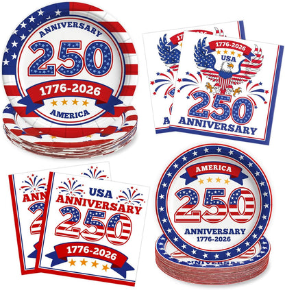 USA 250th Anniversary disposable paper plates and napkins set serving 25 with 1776-2026 patriotic design for 4th of July Independence Day party supplies