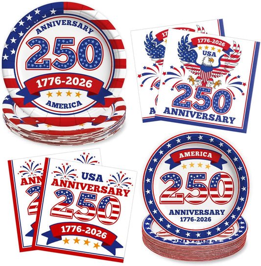 USA 250th Anniversary disposable paper plates and napkins set serving 25 with 1776-2026 patriotic design for 4th of July Independence Day party supplies