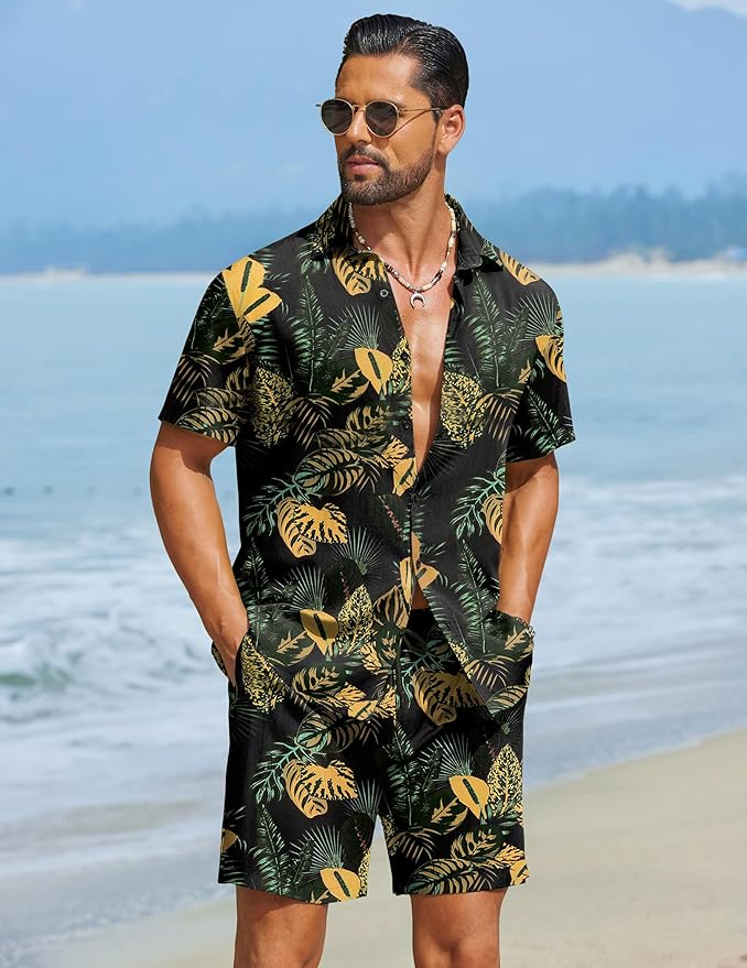 COOFANDY men's Hawaiian floral button-down shirt and matching shorts 2-piece summer beach vacation outfit