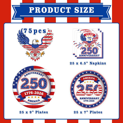 4th of July Decorations — USA 250th Anniversary Disposable Paper Plates & Napkins Set, Serves 25, 1776-2026 Patriotic Party Supplies for Independence Day