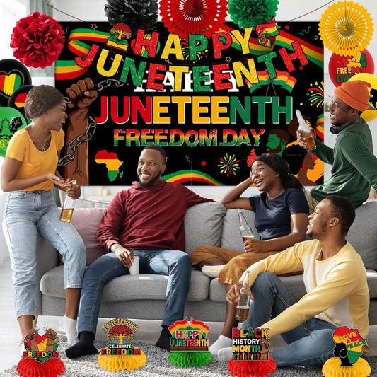 Happy Juneteenth party decorations set including banner, balloons, backdrop, honeycombs, hanging swirls, pom poms and paper fans in red black and green