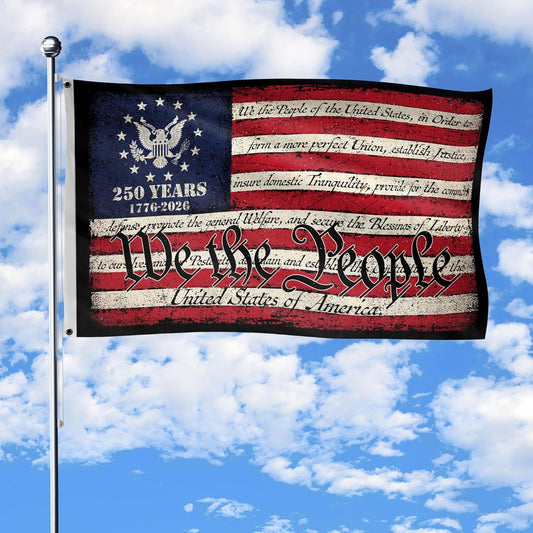 250th Anniversary USA commemorative two-sided 3x5 ft patriotic house flag displayed outdoors