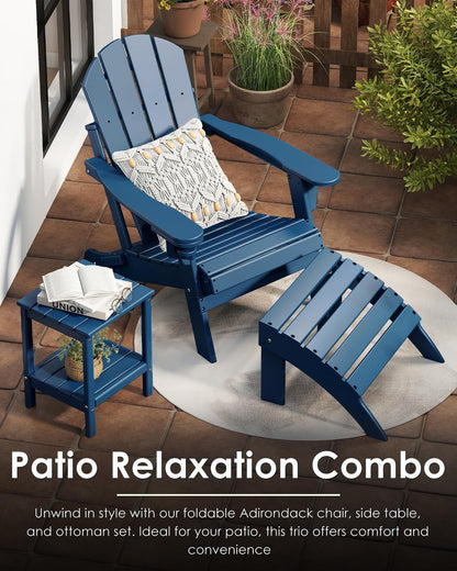 Set of 2 blue folding HDPE Adirondack chairs with cup holders for fire pit deck patio and outdoor use