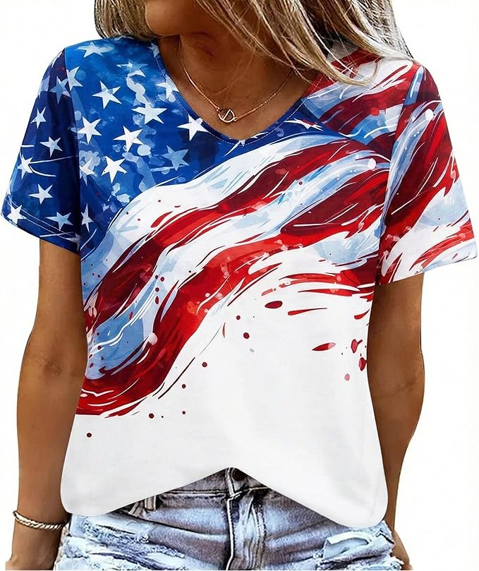 American Flag T Shirt Women USA Star Stripes Fourth July Tee Shirts Casual America Flag Print V Neck Tee Tops