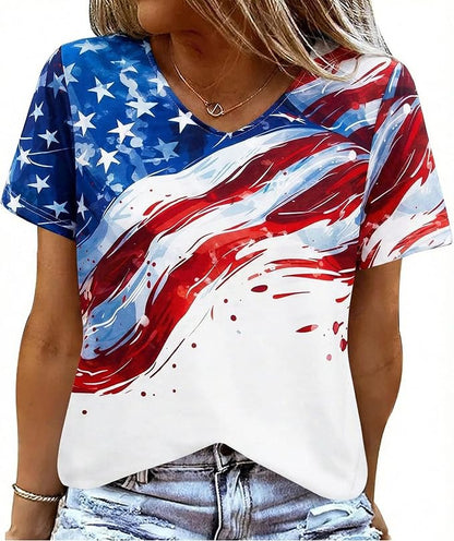 American Flag T Shirt Women USA Star Stripes Fourth July Tee Shirts Casual America Flag Print V Neck Tee Tops