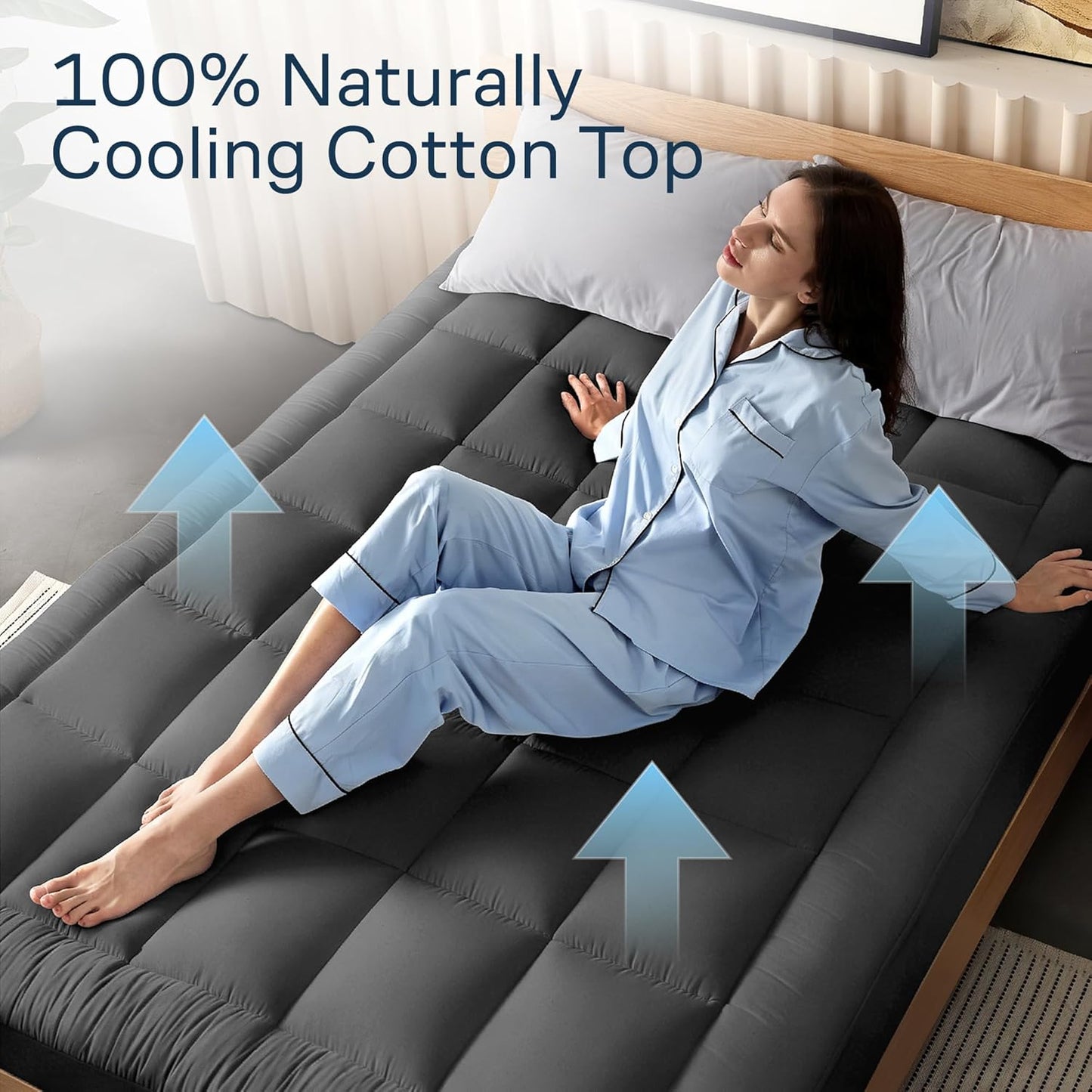 100% Cotton Top Queen Mattress Topper - Cloud-Like Mattress Pad for Back Pain Relief - Breathable & Naturally Cooling for Hot Sleepers, Dark Gray