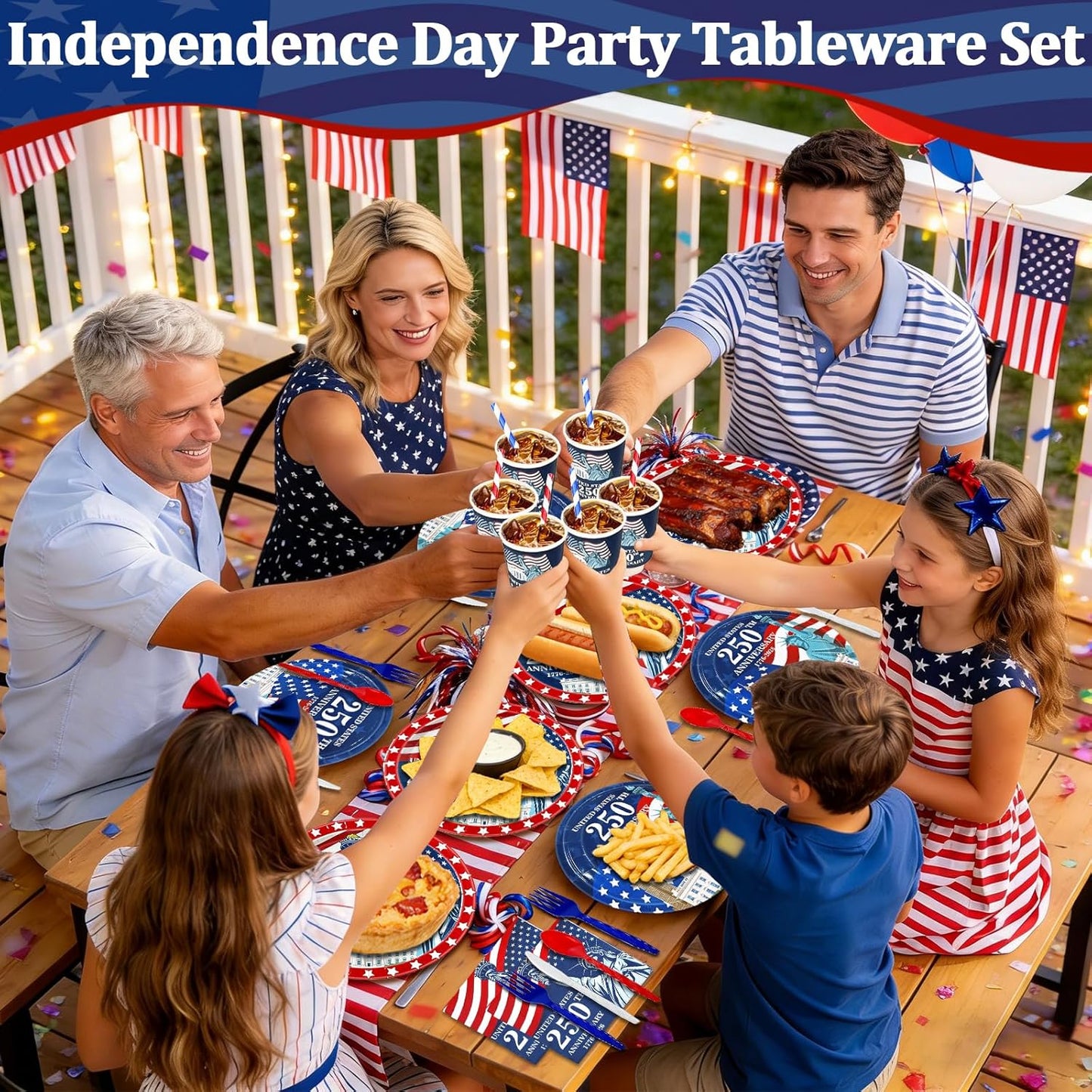 256-piece 4th of July patriotic party supplies set in red white and blue including disposable plates cups napkins cutlery forks spoons and straws serving 32 guests