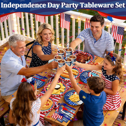 256-piece 4th of July patriotic party supplies set in red white and blue including disposable plates cups napkins cutlery forks spoons and straws serving 32 guests