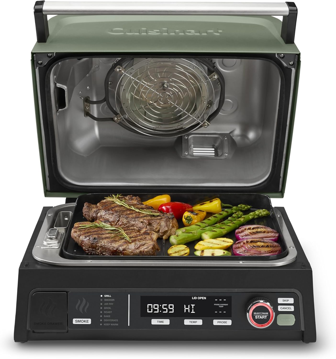 Cuisinart FlavorBoost 8-in-1 electric BBQ grill and portable smoker with air fryer combo, smart probe, and smoke drawer — compact patio and apartment grill CEG-1302