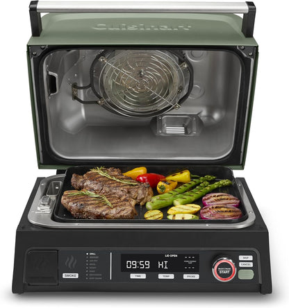 Cuisinart FlavorBoost 8-in-1 electric BBQ grill and portable smoker with air fryer combo, smart probe, and smoke drawer — compact patio and apartment grill CEG-1302
