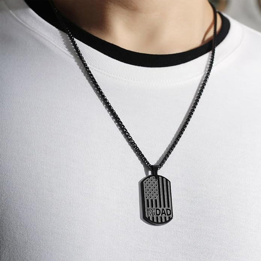 Best Dad Son Brother Grandson Grandpa Boyfriend Husband Ever Necklace | Stainless Steel Flag Dog Tags Pendant | Birthday & Christmas Gift Jewelry for Men & Boys