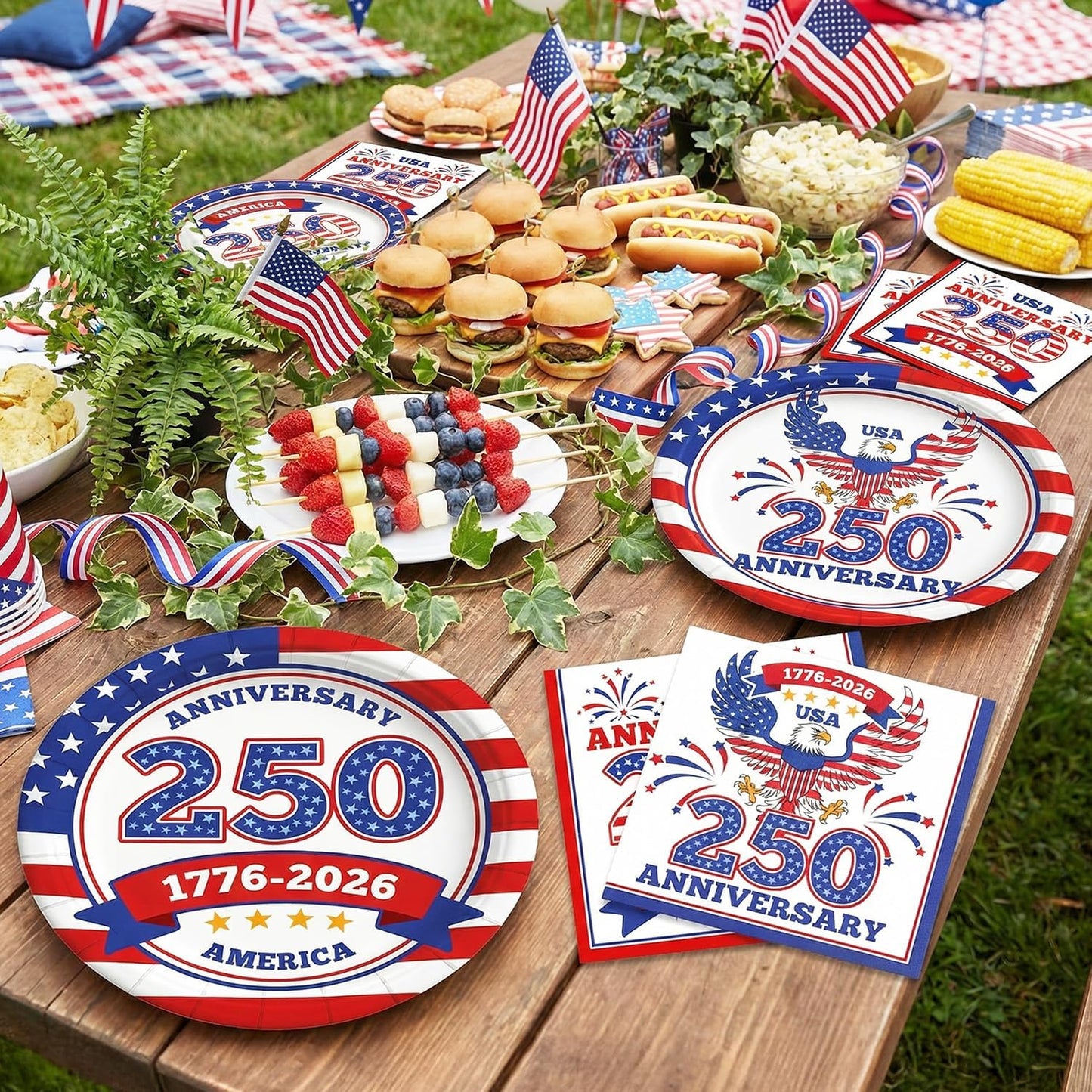 4th of July Decorations — USA 250th Anniversary Disposable Paper Plates & Napkins Set, Serves 25, 1776-2026 Patriotic Party Supplies for Independence Day