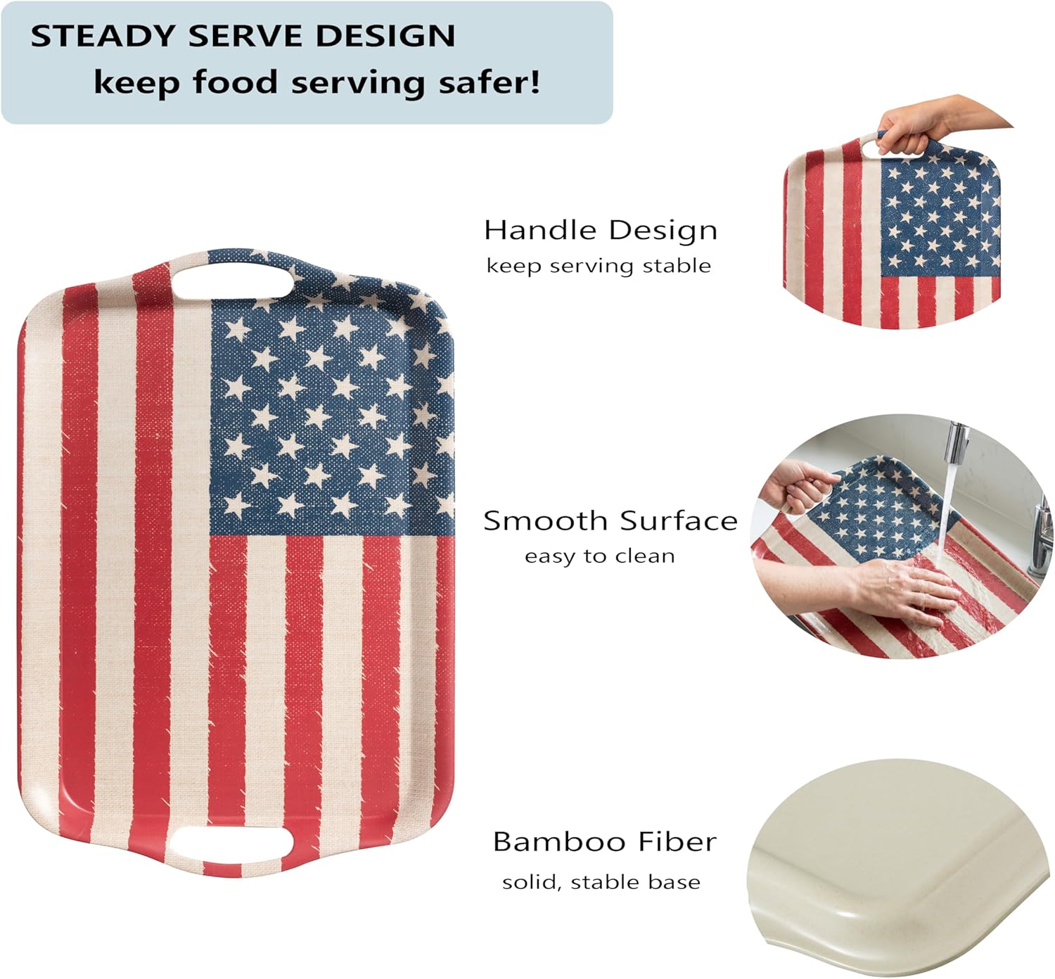 KINGEN 2-pack patriotic bamboo fiber serving trays with Stars and Stripes design in red white and blue