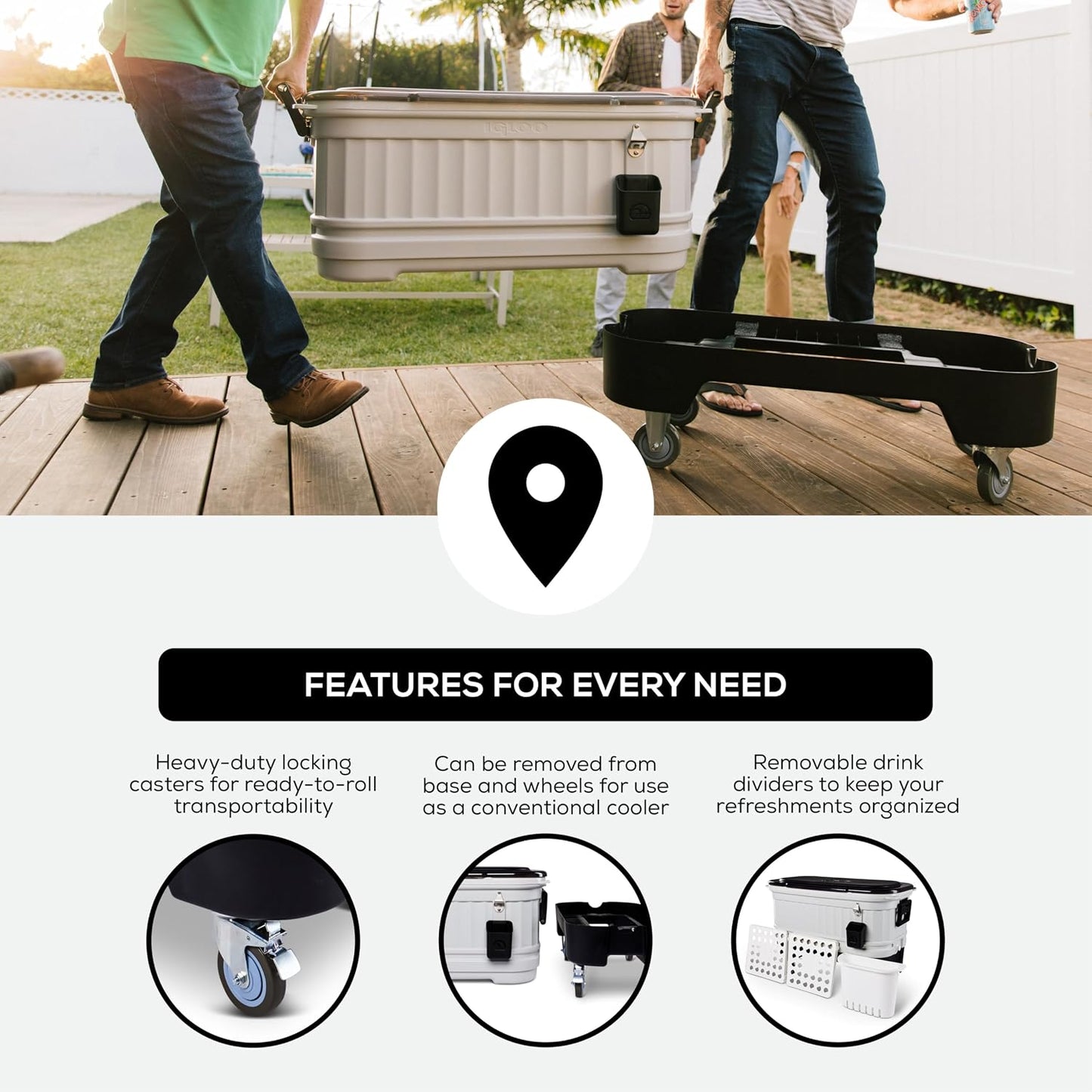 Igloo Party Bar 125 quart rolling hard cooler in gray with removable beverage tub lid, wheeled base, and stainless steel bottle opener for outdoor entertaining