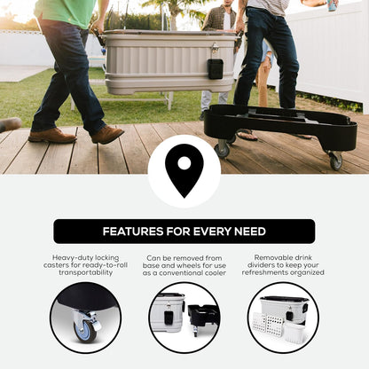 Igloo Party Bar 125 quart rolling hard cooler in gray with removable beverage tub lid, wheeled base, and stainless steel bottle opener for outdoor entertaining