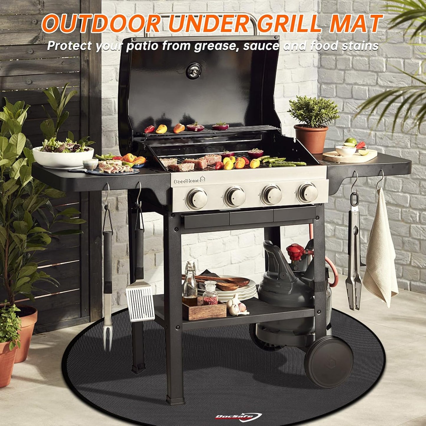Black round 48-inch fireproof fire pit mat placed under an outdoor fire pit on a wooden deck