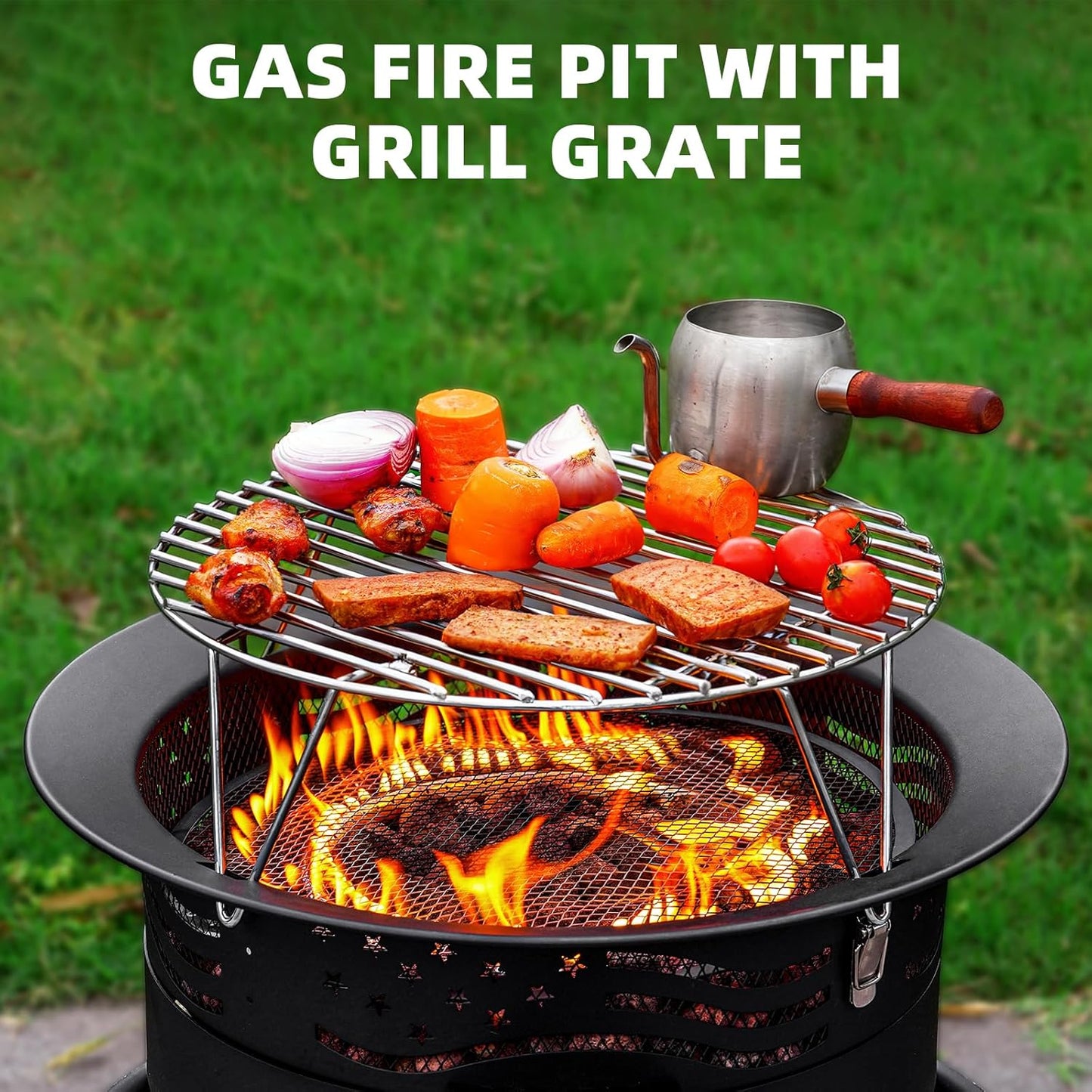  Black 20-inch round portable propane fire pit with grill grate and lava rocks glowing on a backyard patio at night