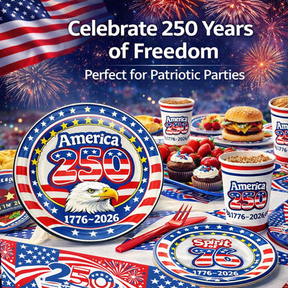252 piece America 250th Anniversary party supplies set 1776-2026 patriotic decorations serving 50 guests with plates cups napkins tablecloths knives and forks for 4th of July