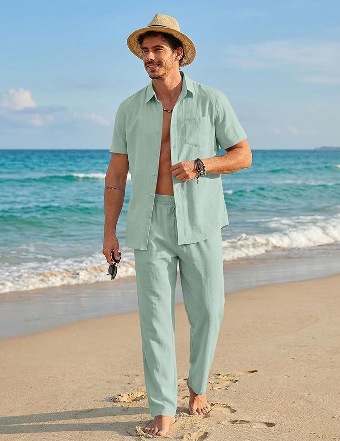 COOFANDY men's cotton short sleeve button-down shirt and loose pants 2-piece beach summer vacation outfit