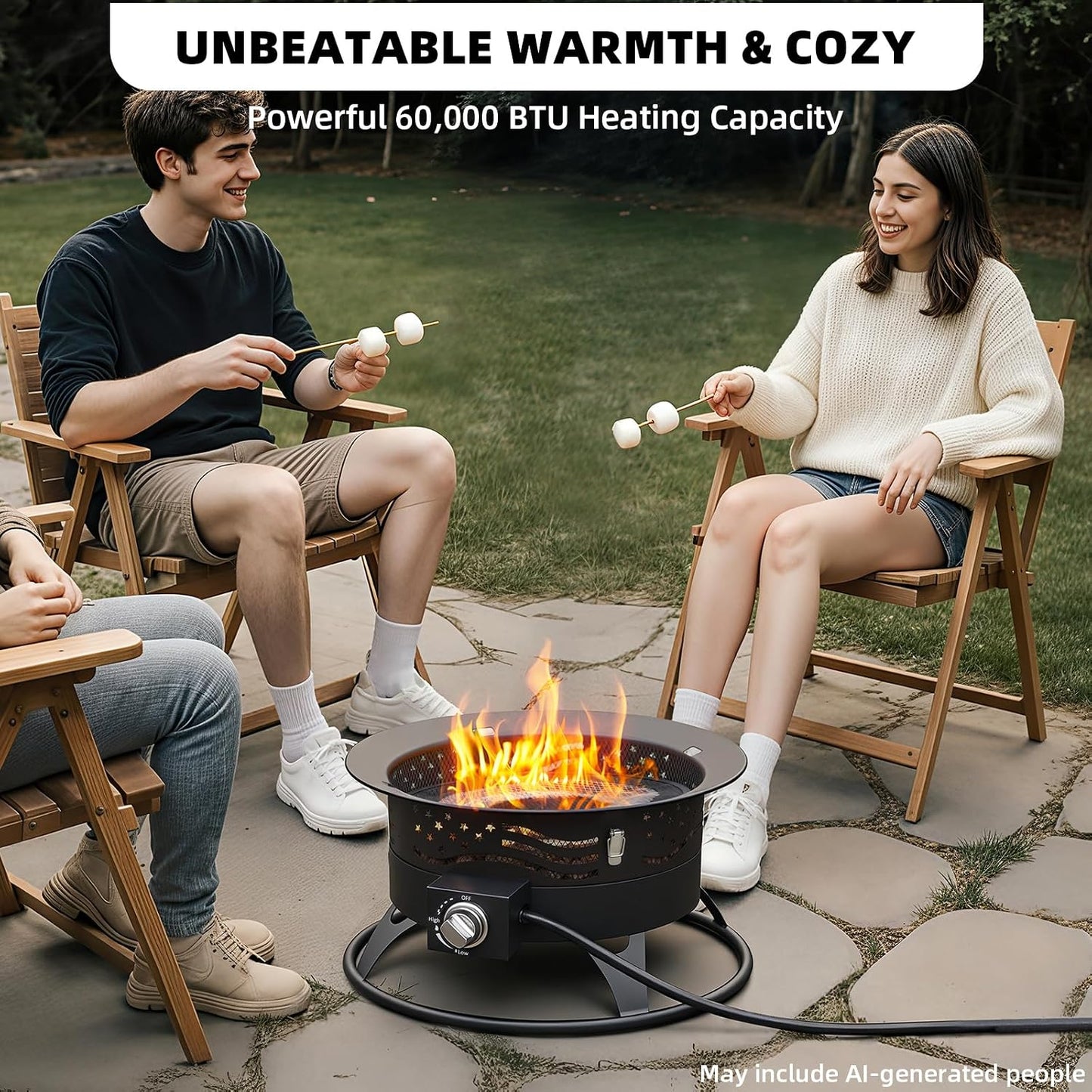  Black 20-inch round portable propane fire pit with grill grate and lava rocks glowing on a backyard patio at night
