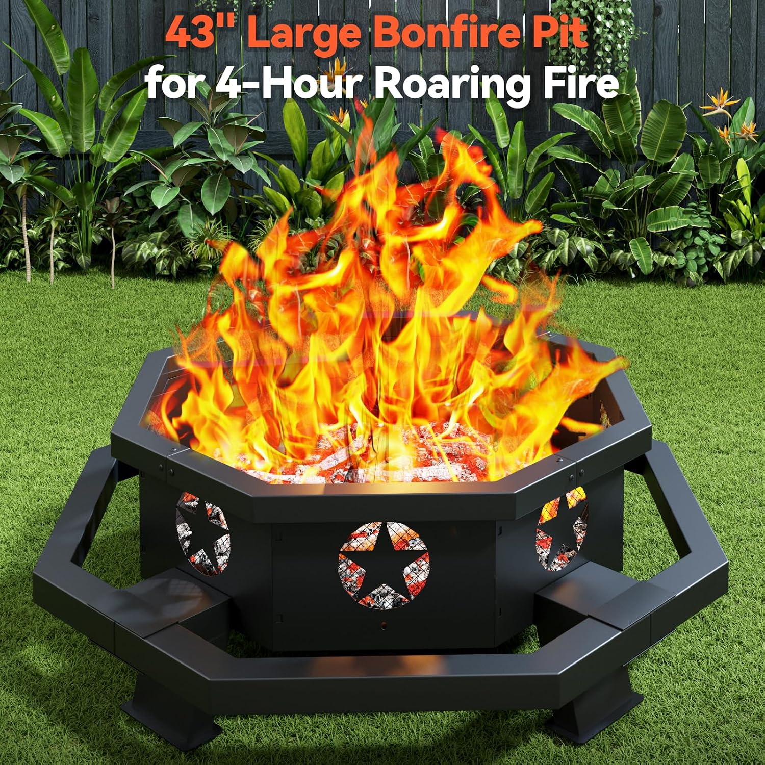 43-inch octagonal black steel wood burning fire pit set up in a backyard patio at dusk with flames burning

